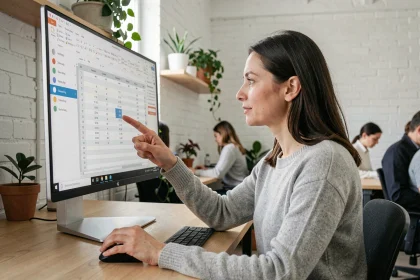 Femme au bureau analysant des données dans un tableur sur un grand écran ultrawide dans un open space moderne