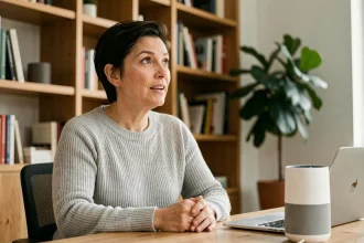 Femme utilisant un assistant vocal sur son bureau à domicile pour interagir avec son ordinateur
