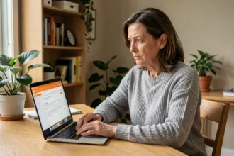 Femme utilisant un ordinateur portable pour accéder à sa boîte mail Orange après résiliation de contrat