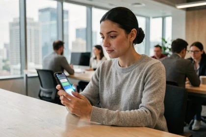Femme professionnelle utilisant une application mobile avec intelligence artificielle dans un bureau moderne