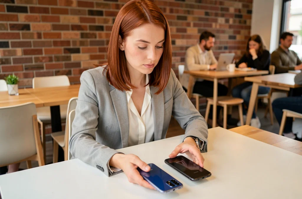 Femme comparant deux smartphones Samsung Galaxy côte à côte dans un café moderne