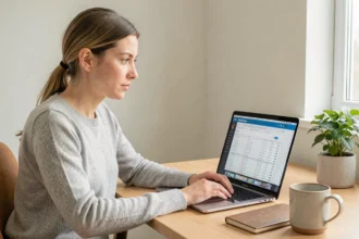 Femme concentrée utilisant le gestionnaire de tâches Mac sur un MacBook Pro dans un bureau à domicile moderne