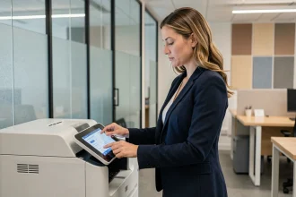 Femme professionnelle utilisant une imprimante connectée dans un bureau moderne en open space