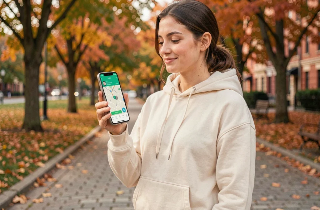 Jeune femme utilisant l'application Localiser sur iPhone pour retrouver un AirTag dans un parc