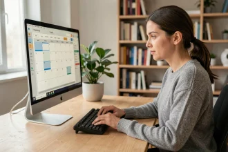 Femme utilisant un logiciel de planification sur son ordinateur dans un bureau moderne épuré
