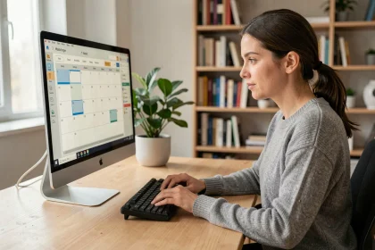 Femme utilisant un logiciel de planification sur son ordinateur dans un bureau moderne épuré