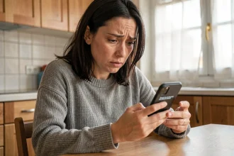 Femme inquiète lisant un SMS de phishing sur son smartphone dans une cuisine moderne