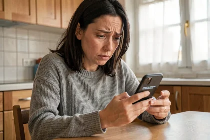 Femme inquiète lisant un SMS de phishing sur son smartphone dans une cuisine moderne