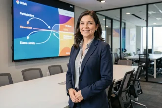 Femme présentant des diapositives animées lors d'une réunion en entreprise avec écran de présentation coloré