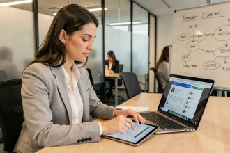 Femme en réunion d'entreprise prenant des notes sur une tablette numérique avec une application de transcription