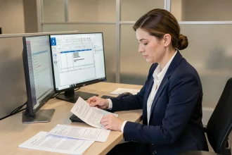 Professionnelle consultant des lettres de publipostage imprimées face à un double écran avec tableur et traitement de texte dans un bureau moderne