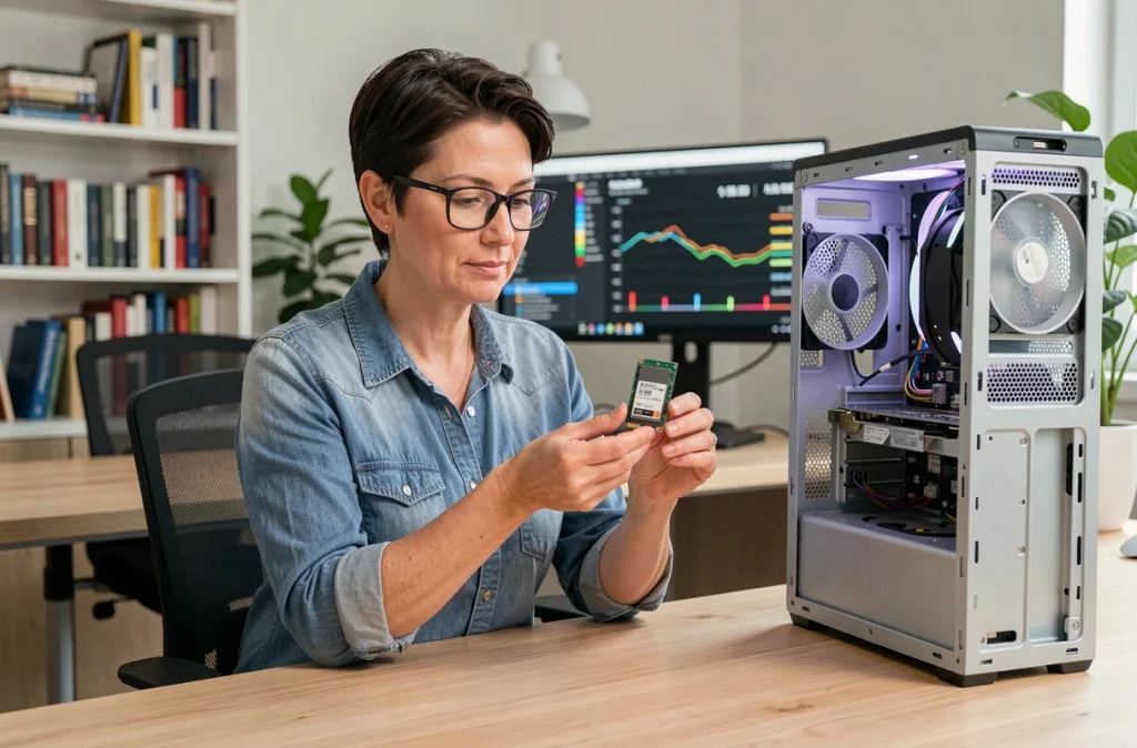 Femme examinant un SSD SATA 2,5 pouces devant un ordinateur de bureau ouvert dans un bureau à domicile