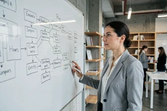 Femme devant un tableau blanc avec un diagramme MCD dessiné à la main dans un bureau moderne