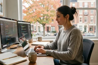 Femme en télétravail concentrée devant son ordinateur portable dans un bureau à domicile moderne