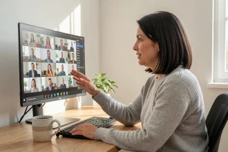 Femme en télétravail participant à une visioconférence sur une solution cloud collaborative depuis son bureau à domicile