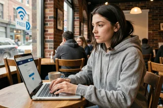 Femme utilisant un ordinateur portable sur un réseau WiFi public dans un café, risques pour la sécurité des données