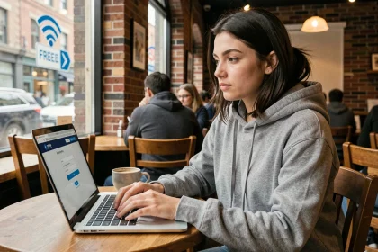 Femme utilisant un ordinateur portable sur un réseau WiFi public dans un café, risques pour la sécurité des données