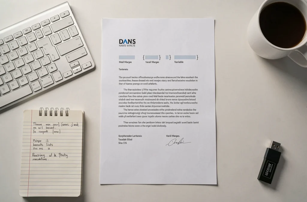 Vue aérienne d'un bureau minimaliste avec une lettre modèle de publipostage, clavier, bloc-notes et clé USB illustrant l'automatisation de courriers