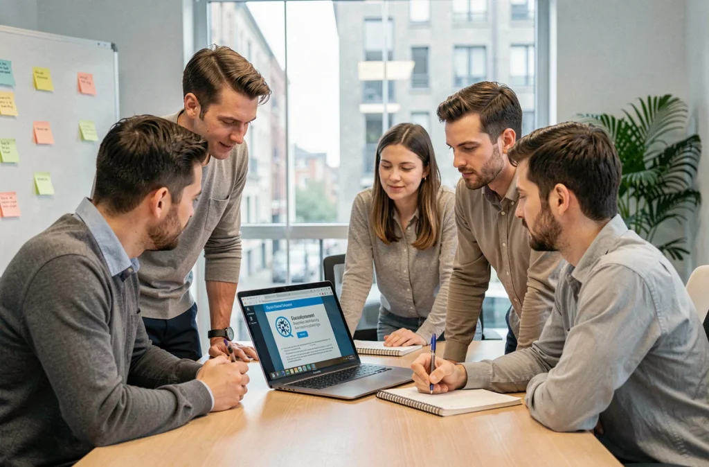 Équipe d'une petite entreprise belge participant à une formation de sensibilisation à la cybersécurité en salle de réunion