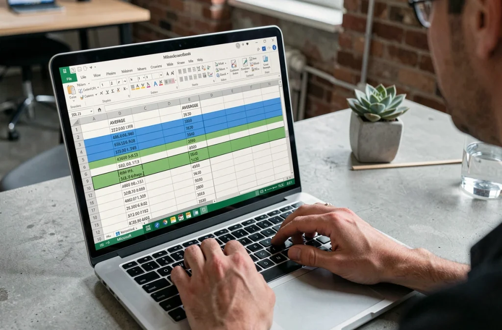 Gros plan sur un écran Excel affichant une formule de calcul de moyenne en cours de saisie manuelle