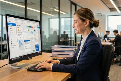 Professionnelle utilisant une interface d'intelligence artificielle pour organiser la gestion documentaire en entreprise