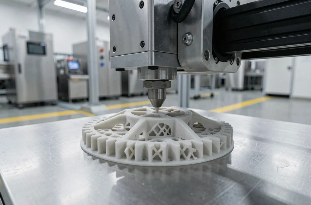 Gros plan sur une imprimante 3D industrielle en cours d'impression d'un engrenage complexe en plastique technique