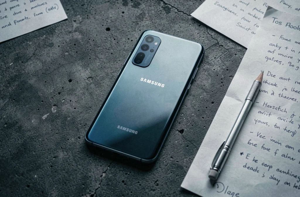 Gros plan d'un Samsung Galaxy posé sur béton avec notes manuscrites pour évaluation technique
