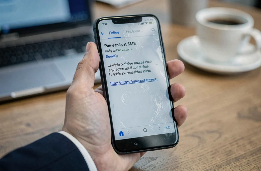 Gros plan d'un SMS de phishing bancaire en français affiché sur un smartphone