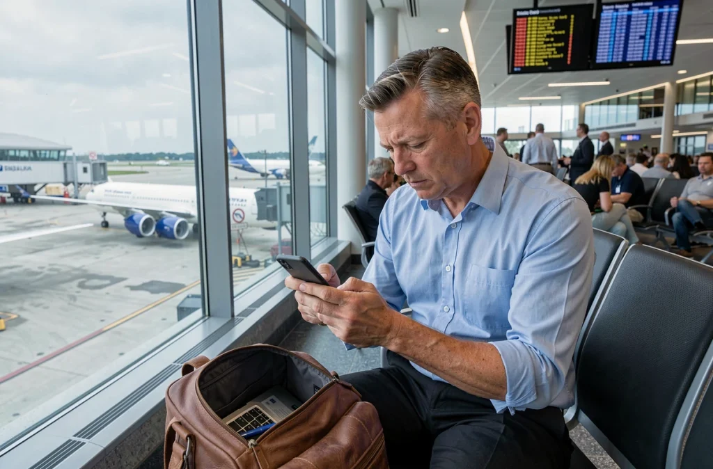 Homme d'affaires connecté au WiFi public d'un aéroport avec son smartphone, vulnérabilité des données sensibles en déplacement