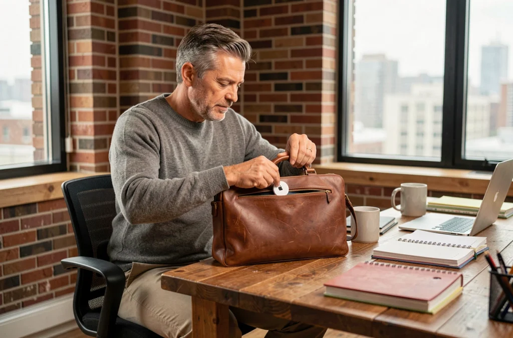 Homme glissant un AirTag dans une sacoche en cuir dans un bureau professionnel