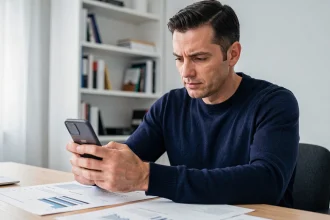 Homme analysant un Samsung Galaxy smartphone à son bureau avec des fiches techniques imprimées
