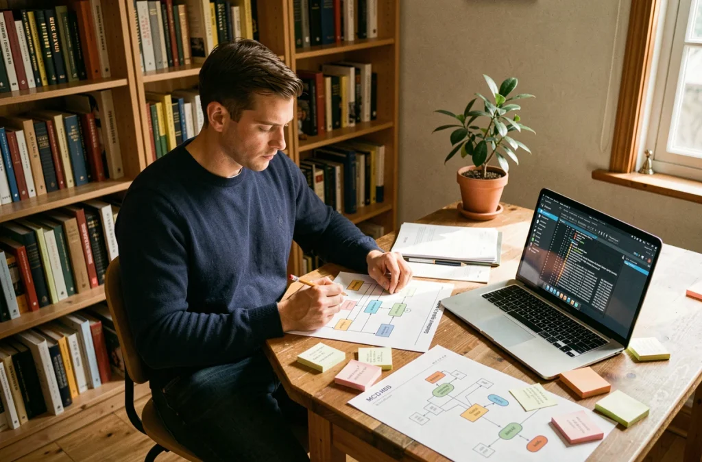 Homme travaillant sur un diagramme MCD imprimé avec un laptop ouvert dans un bureau à domicile