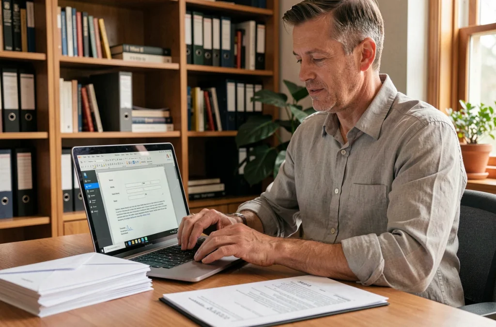 Homme configurant un modèle de publipostage sur un ordinateur portable avec des enveloppes et une liste d'adresses imprimée dans un bureau à domicile