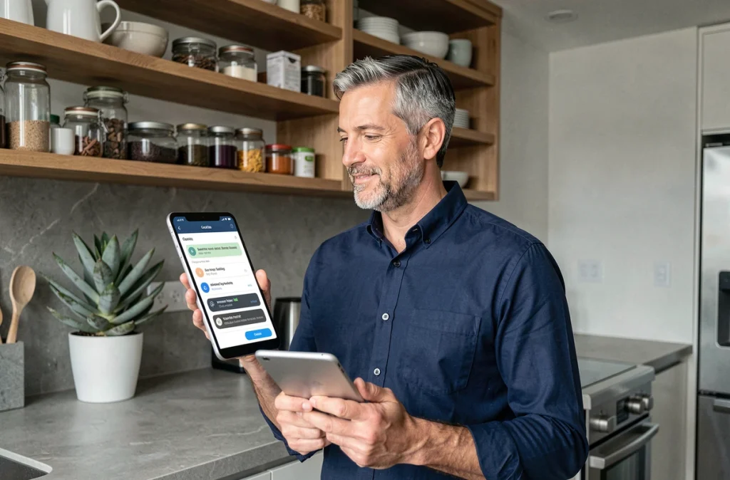 Homme utilisant une tablette avec une application d'intelligence artificielle dans une cuisine contemporaine