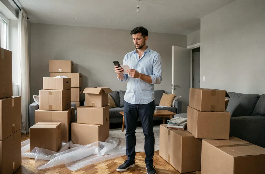 Homme consultant ses emails Orange sur smartphone lors d'un déménagement entouré de cartons