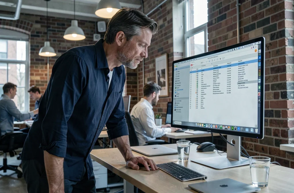 Homme professionnel consultant le moniteur d'activité macOS sur un grand écran externe dans un bureau en open space