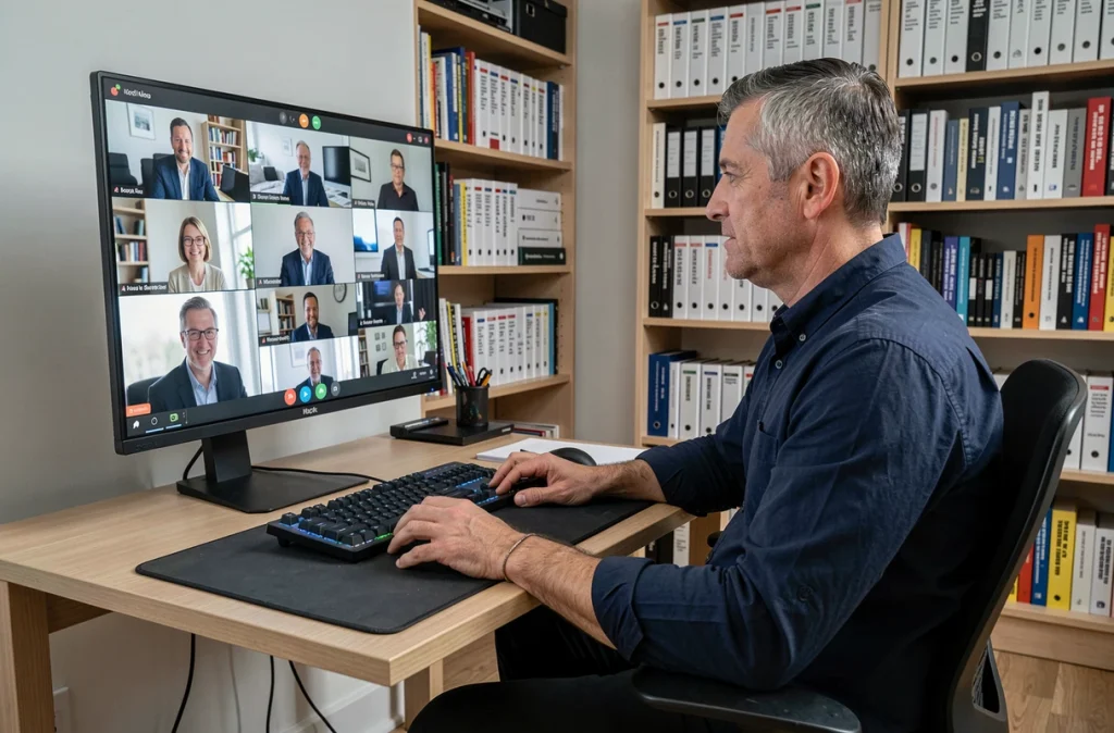 Homme en réunion virtuelle en télétravail dans un bureau aménagé à la maison avec double écran
