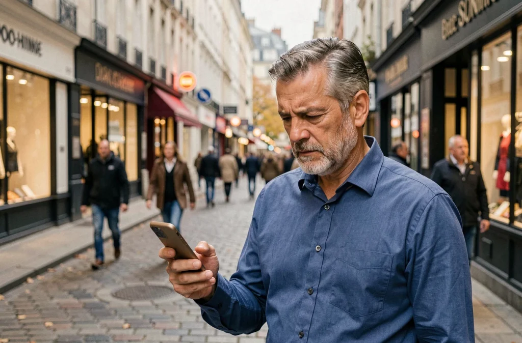 Homme d'affaires méfiant consultant un SMS frauduleux dans une rue francophone animée