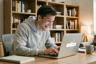 Homme surpris devant son ordinateur portable découvrant l'effet Do a Barrel Roll sur Google