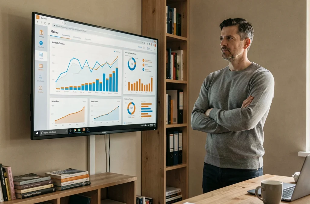 Homme debout devant un écran affichant un tableau de bord de données avec graphiques interactifs