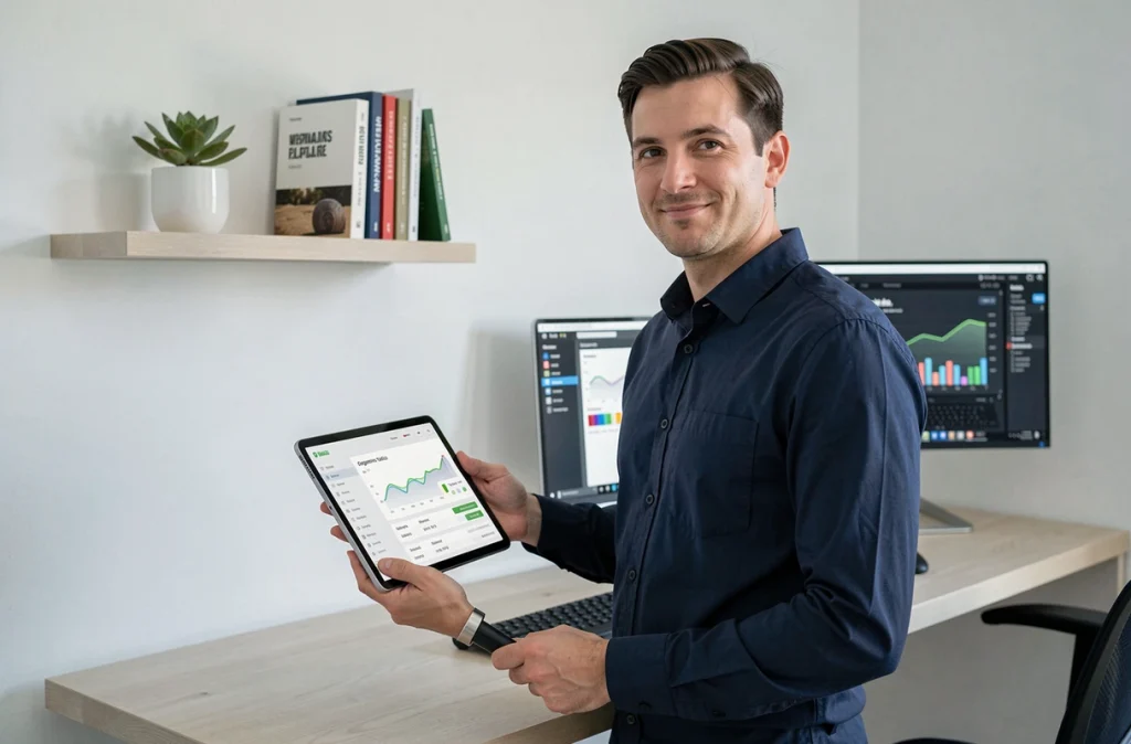Un homme debout consultant un tableau de bord SEO sur une tablette dans un bureau à domicile épuré, représentant l'utilisation d'un outil SEO par une petite équipe en 2026.