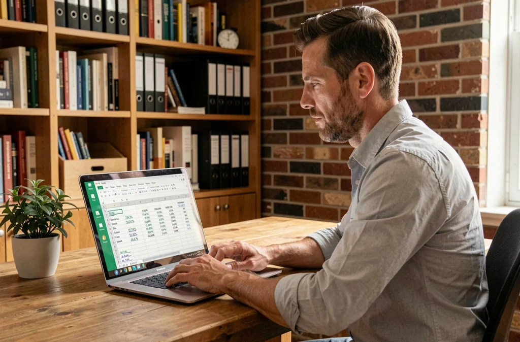 Homme en télétravail calculant des pourcentages sur Excel pour comparer des données sur deux périodes dans un bureau à domicile