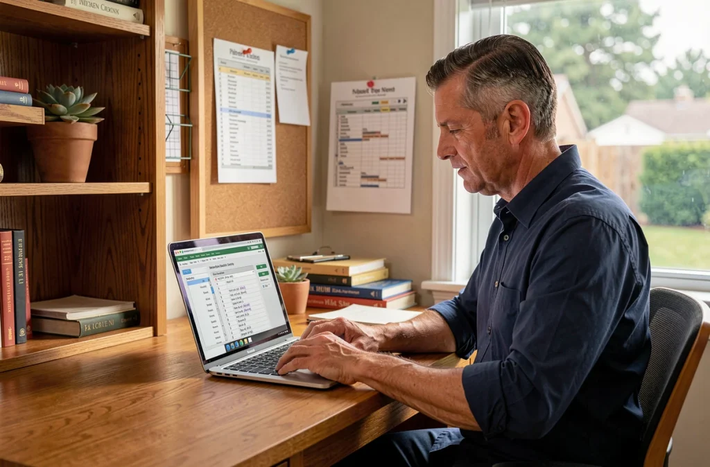 Homme en télétravail consultant des formules avancées dans un tableur sur son bureau à domicile