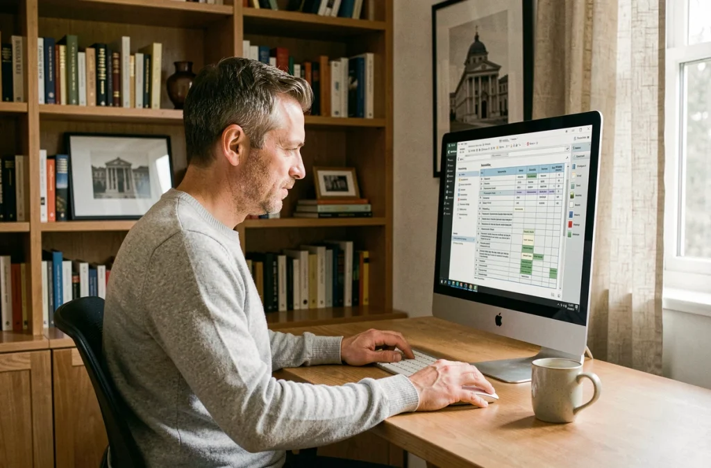 Homme travaillant sur un modèle de rapport professionnel sur grand écran dans un bureau à domicile moderne