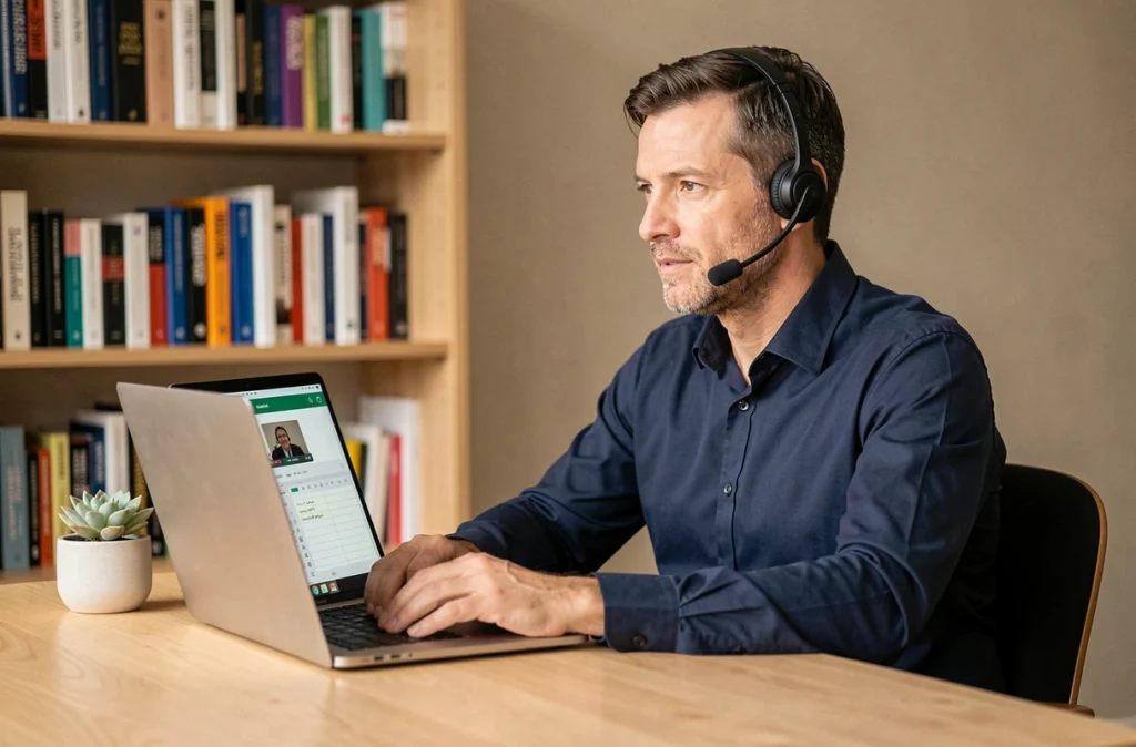Homme en télétravail prenant des notes numériques pendant une réunion en visioconférence depuis son bureau à domicile