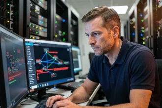 Ingénieur réseau masculin analysant des erreurs de configuration sur un poste de travail multi-écrans dans une salle de serveurs