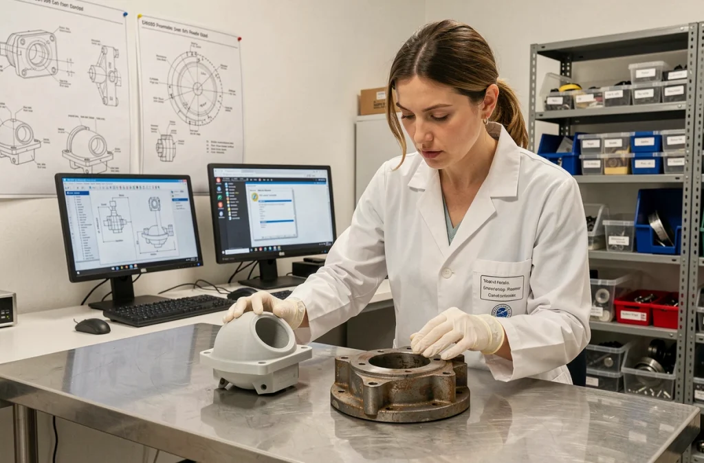 Ingénieure comparant une pièce hydraulique imprimée en 3D avec une pièce métallique d'origine dans un laboratoire industriel