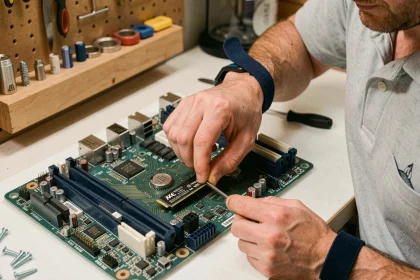 Technicien installant un SSD NVMe M.2 dans un ordinateur de bureau sur un plan de travail ordonné