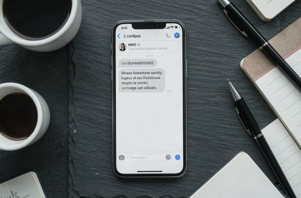 Vue de dessus d'un smartphone affichant une interface SMS avec numéro masqué sur une surface en ardoise