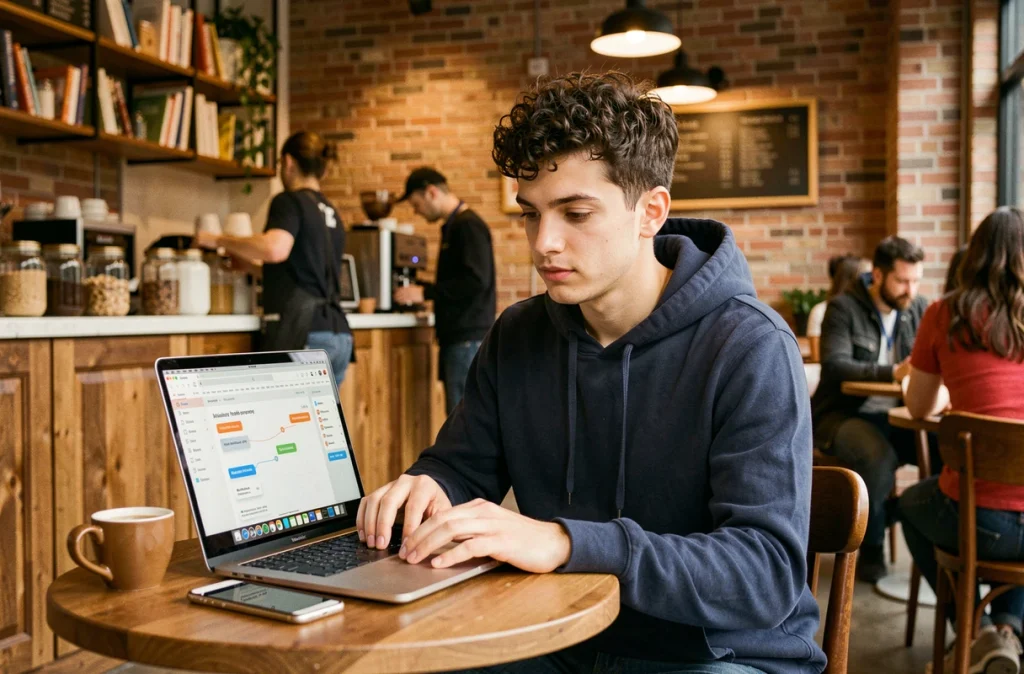 Jeune homme travaillant à distance dans un café avec un outil de collaboration cloud ouvert sur son ordinateur portable